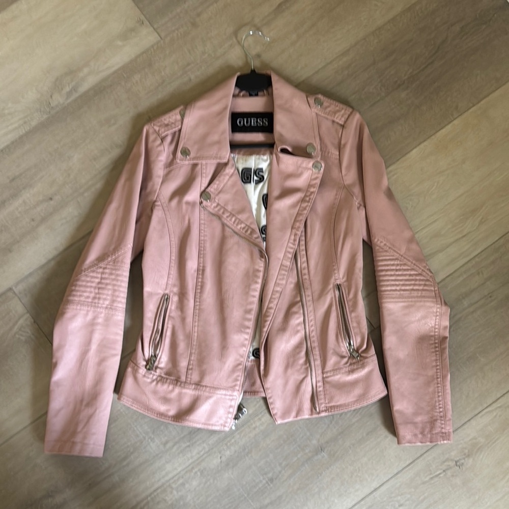 Guess Pink Leather Moto Jacket Asymmetrical Zipper